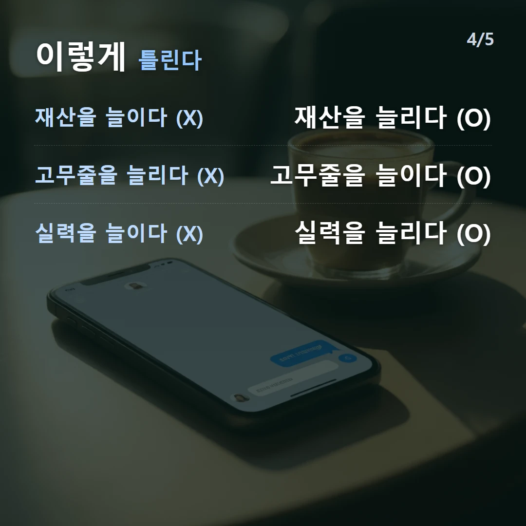 이렇게 틀린다 — 재산을 늘이다 (X) 재산을 늘리다 (O), 고무줄을 늘리다 (X) 고무줄을 늘이다 (O), 실력을 늘이다 (X) 실력을 늘리다 (O)