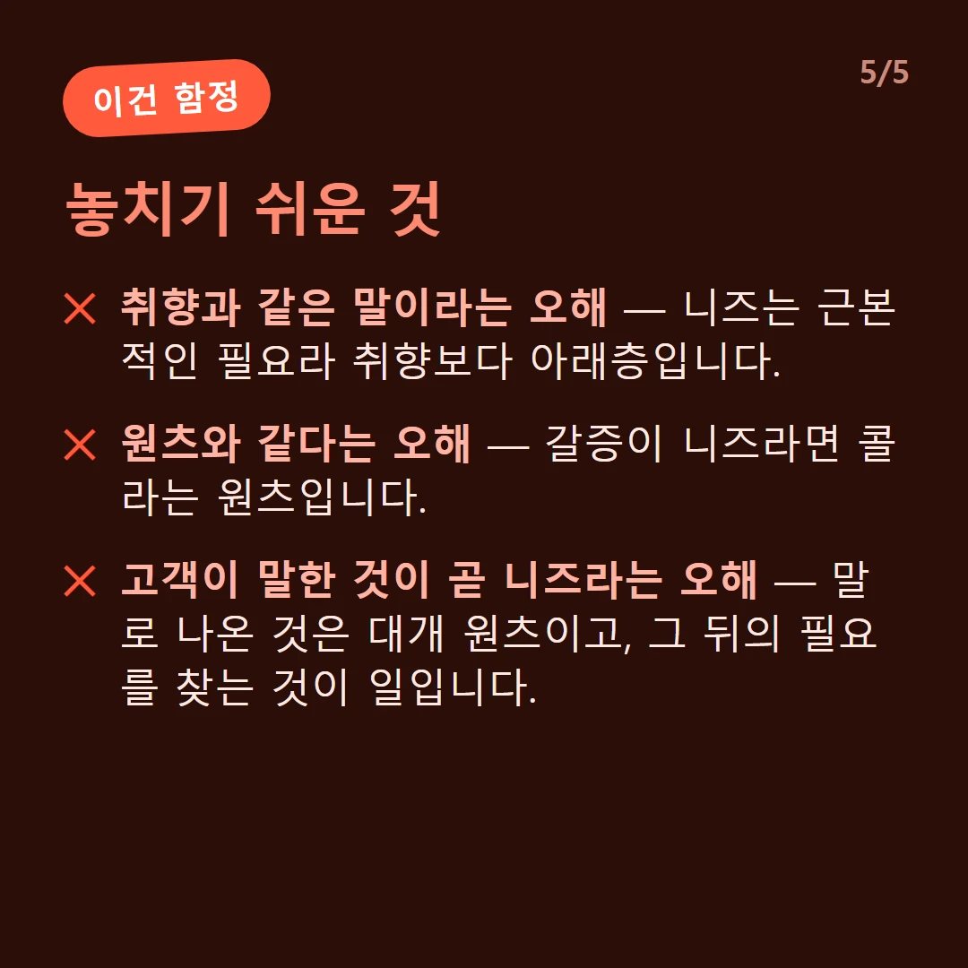 놓치기 쉬운 것 — 취향과 같은 말이라는 오해 — 니즈는 근본적인 필요라 취향보다 아래층입니다. / 원츠와 같다는 오해 — 갈증이 니즈라면 콜라는 원츠입니다. / 고객이 말한 것이 곧 니즈라는 오해 — 말로 나온 것은 대개 원츠이고, 그 뒤의 필요를 찾는 것이 일입니다.