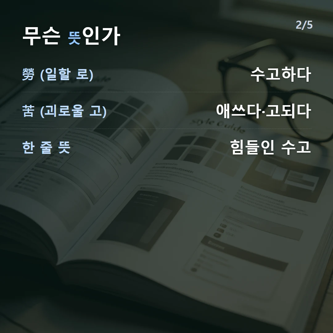 무슨 뜻인가 — 勞 (일할 로) 수고하다, 苦 (괴로울 고) 애쓰다·고되다, 한 줄 뜻 힘들인 수고