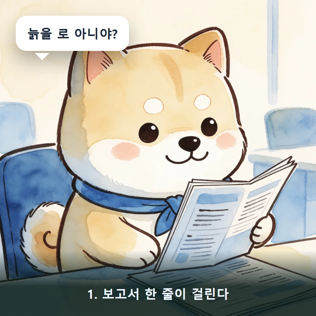 웹툰 1컷 — 1. 보고서 한 줄이 걸린다 (늙을 로 아니야?)