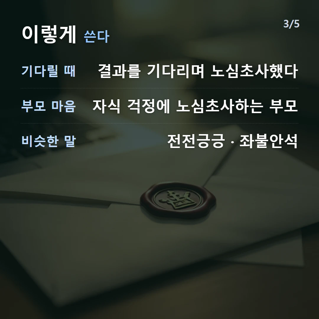 이렇게 쓴다 — 기다릴 때 결과를 기다리며 노심초사했다, 부모 마음 자식 걱정에 노심초사하는 부모, 비슷한 말 전전긍긍 · 좌불안석
