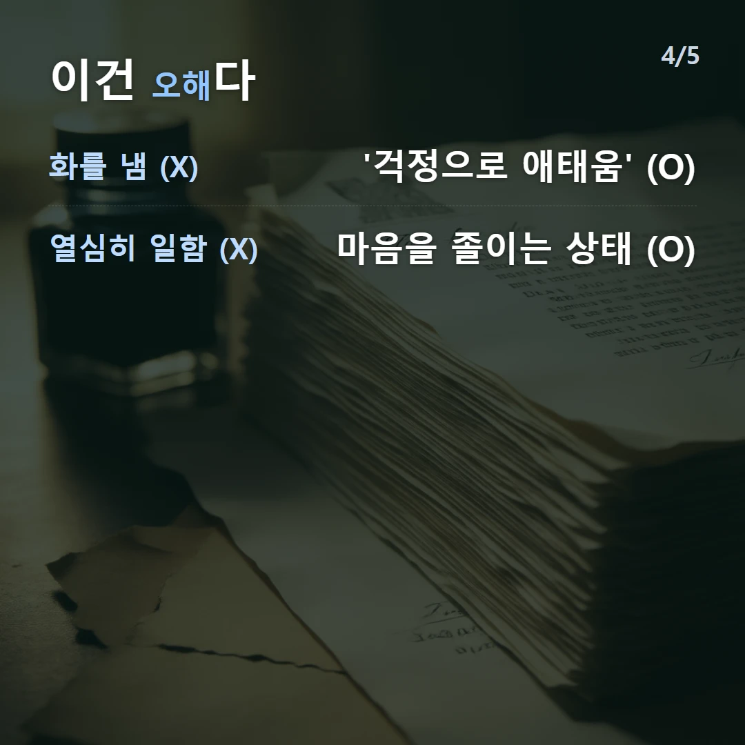 이건 오해다 — 화를 냄 (X) '걱정으로 애태움' (O), 열심히 일함 (X) 마음을 졸이는 상태 (O)