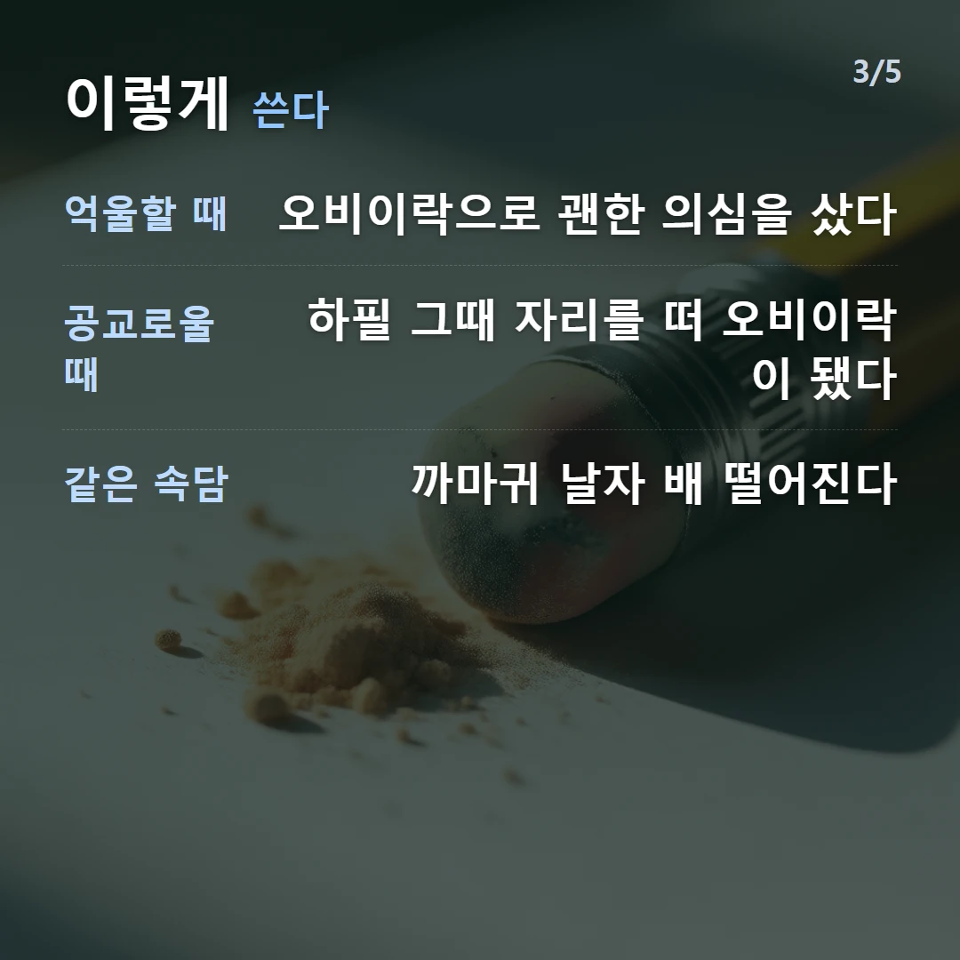 이렇게 쓴다 — 억울할 때 오비이락으로 괜한 의심을 샀다, 공교로울 때 하필 그때 자리를 떠 오비이락이 됐다, 같은 속담 까마귀 날자 배 떨어진다