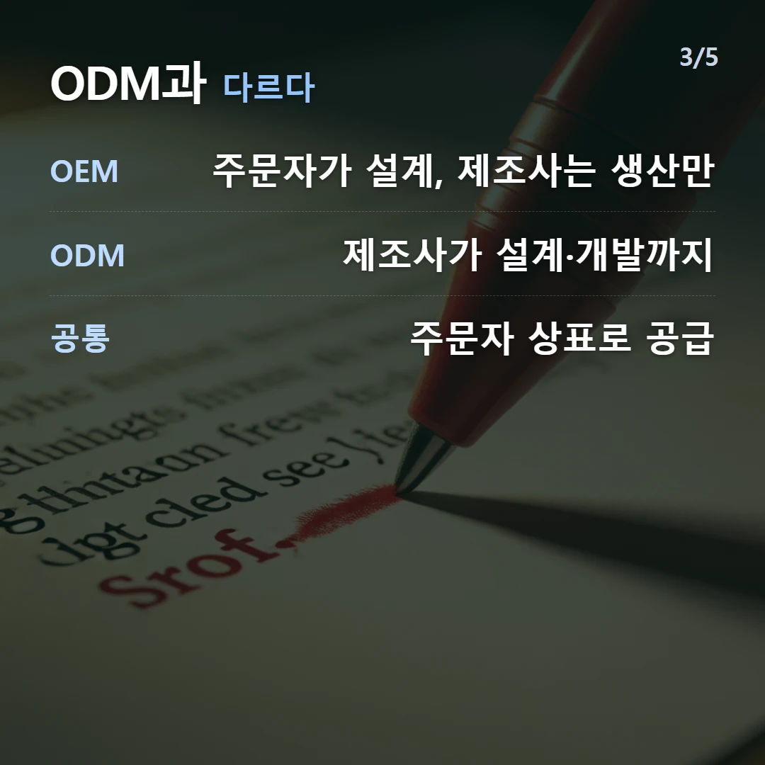 ODM과 다르다 — OEM 주문자가 설계, 제조사는 생산만, ODM 제조사가 설계·개발까지, 공통 주문자 상표로 공급