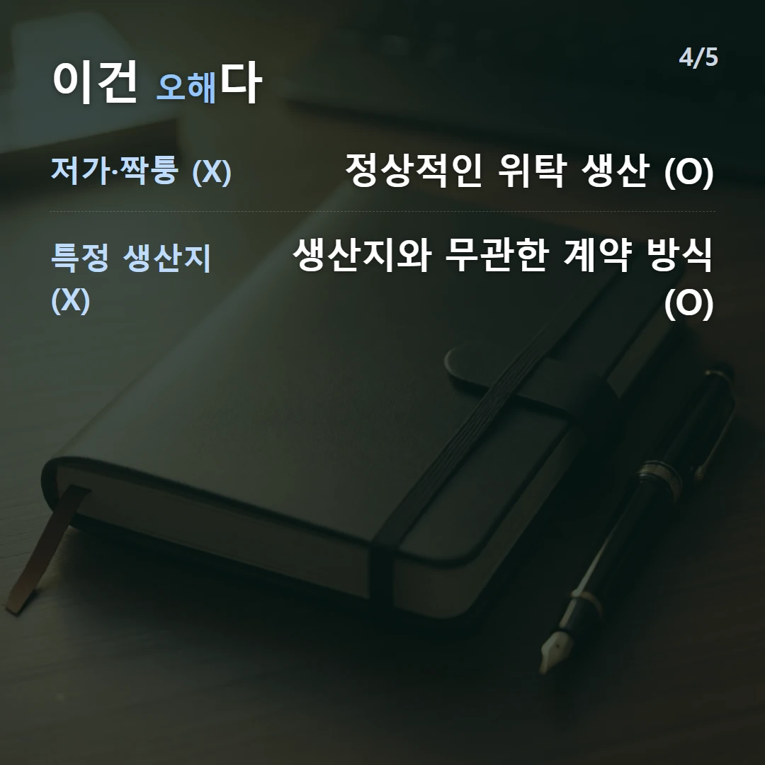 이건 오해다 — 저가·짝퉁 (X) 정상적인 위탁 생산 (O), 특정 생산지 (X) 생산지와 무관한 계약 방식 (O)
