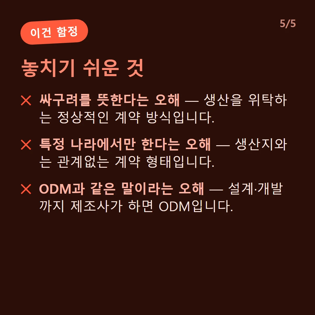 놓치기 쉬운 것 — 싸구려를 뜻한다는 오해 — 생산을 위탁하는 정상적인 계약 방식입니다. / 특정 나라에서만 한다는 오해 — 생산지와는 관계없는 계약 형태입니다. / ODM과 같은 말이라는 오해 — 설계·개발까지 제조사가 하면 ODM입니다.