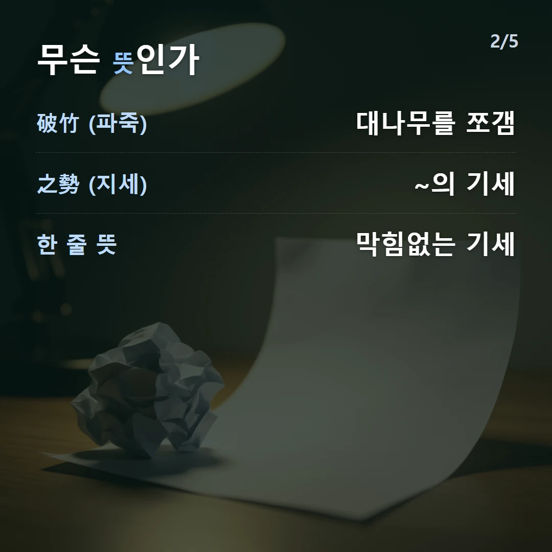 무슨 뜻인가 — 破竹 (파죽) 대나무를 쪼갬, 之勢 (지세) ~의 기세, 한 줄 뜻 막힘없는 기세