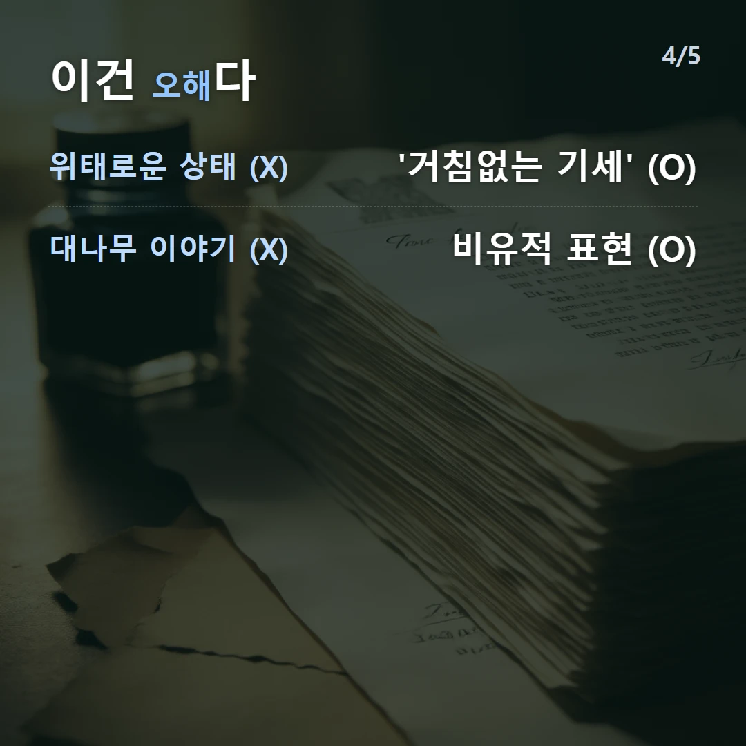 이건 오해다 — 위태로운 상태 (X) '거침없는 기세' (O), 대나무 이야기 (X) 비유적 표현 (O)