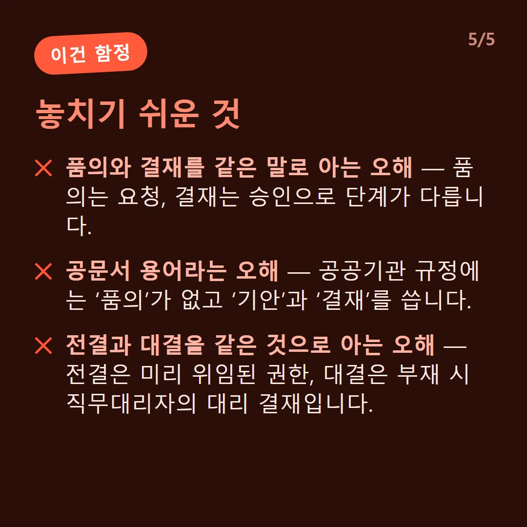 놓치기 쉬운 것 — 품의와 결재를 같은 말로 아는 오해 — 품의는 요청, 결재는 승인으로 단계가 다릅니다. / 공문서 용어라는 오해 — 공공기관 규정에는 ‘품의’가 없고 ‘기안’과 ‘결재’를 씁니다. / 전결과 대결을 같은 것으로 아는 오해 — 전결은 미리 위임된 권한, 대결은 부재 시 직무대리자의 대리 결재입니다.