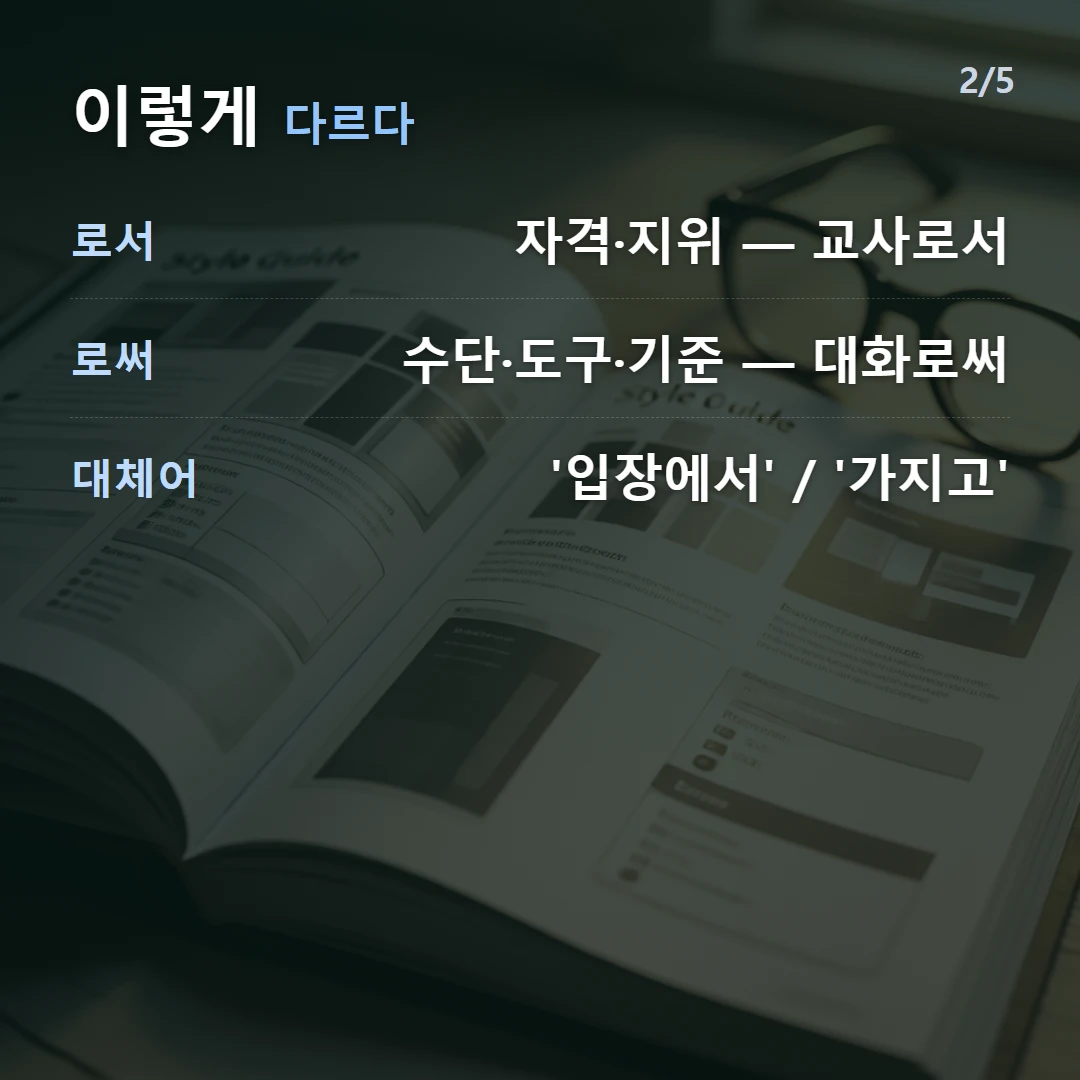 이렇게 다르다 — 로서 자격·지위 — 교사로서, 로써 수단·도구·기준 — 대화로써, 대체어 '입장에서' / '가지고'