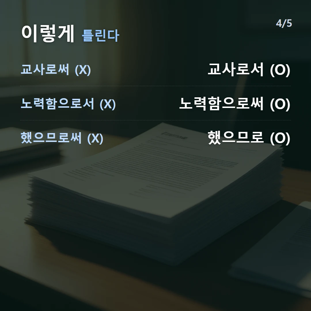 이렇게 틀린다 — 교사로써 (X) 교사로서 (O), 노력함으로서 (X) 노력함으로써 (O), 했으므로써 (X) 했으므로 (O)