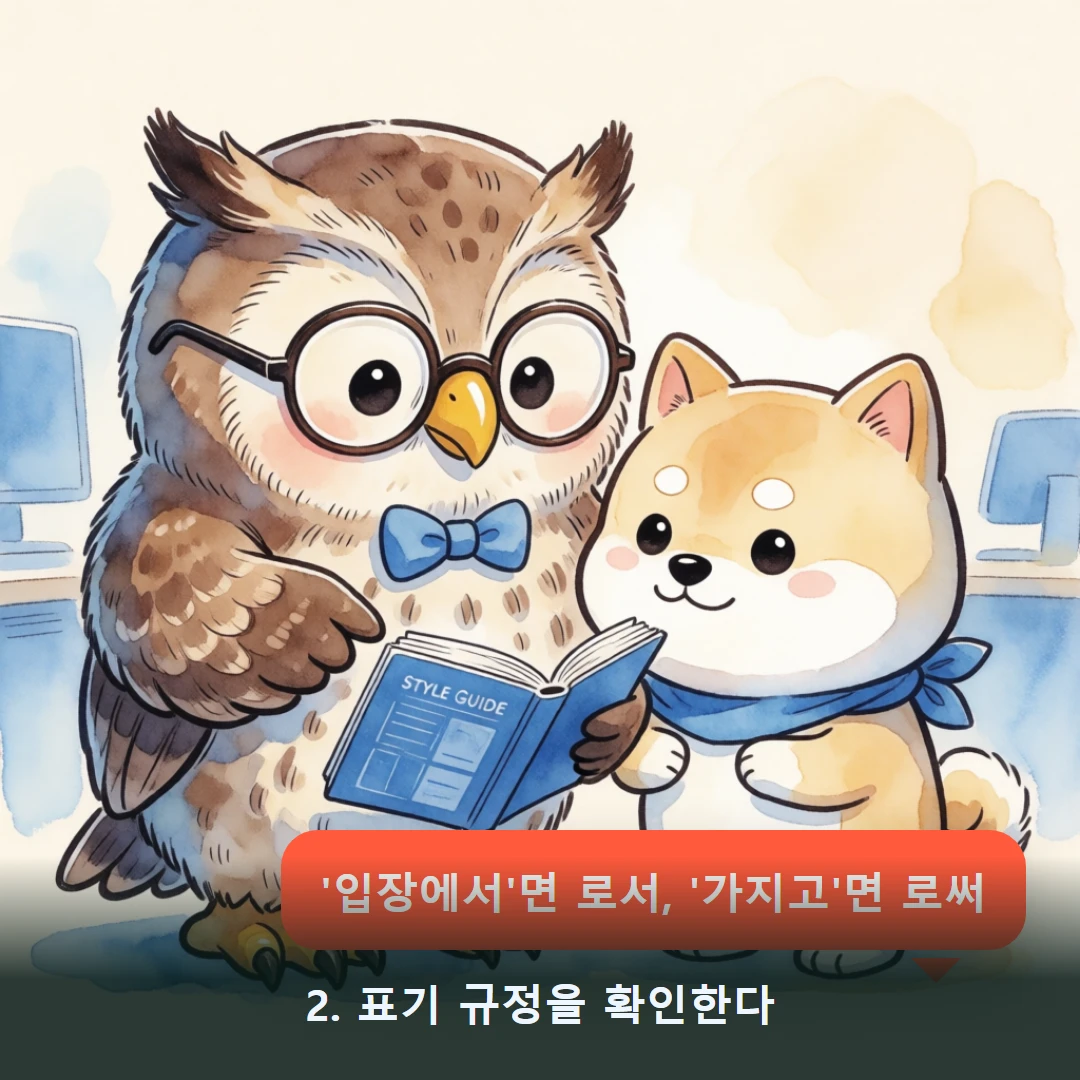 웹툰 2컷 — 2. 표기 규정을 확인한다 ('입장에서'면 로서, '가지고'면 로써)