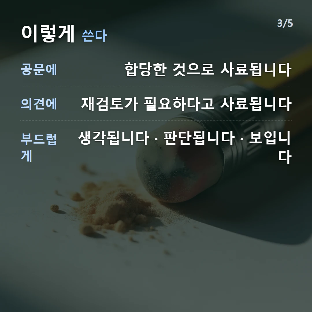 이렇게 쓴다 — 공문에 합당한 것으로 사료됩니다, 의견에 재검토가 필요하다고 사료됩니다, 부드럽게 생각됩니다 · 판단됩니다 · 보입니다