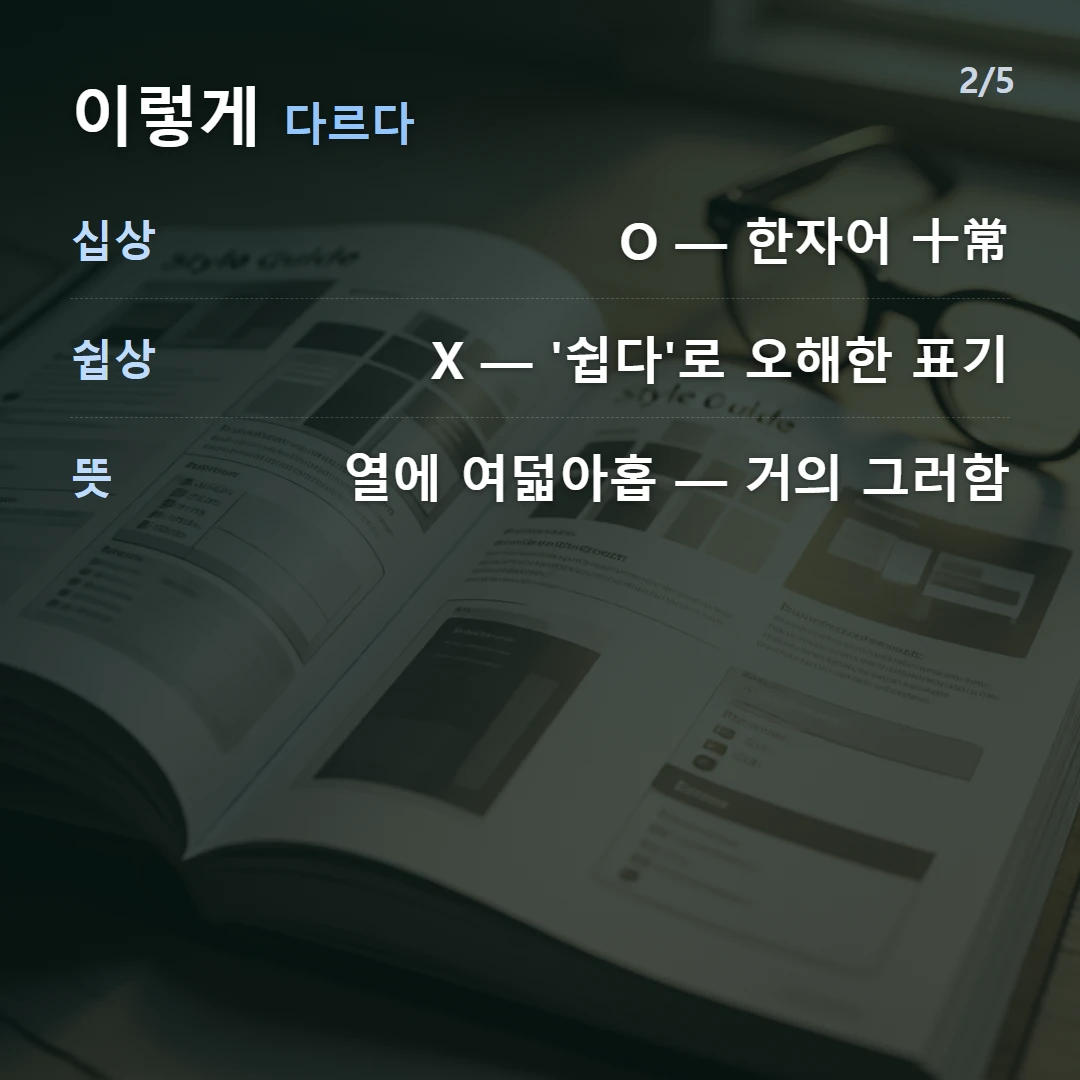 이렇게 다르다 — 십상 O — 한자어 十常, 쉽상 X — '쉽다'로 오해한 표기, 뜻 열에 여덟아홉 — 거의 그러함