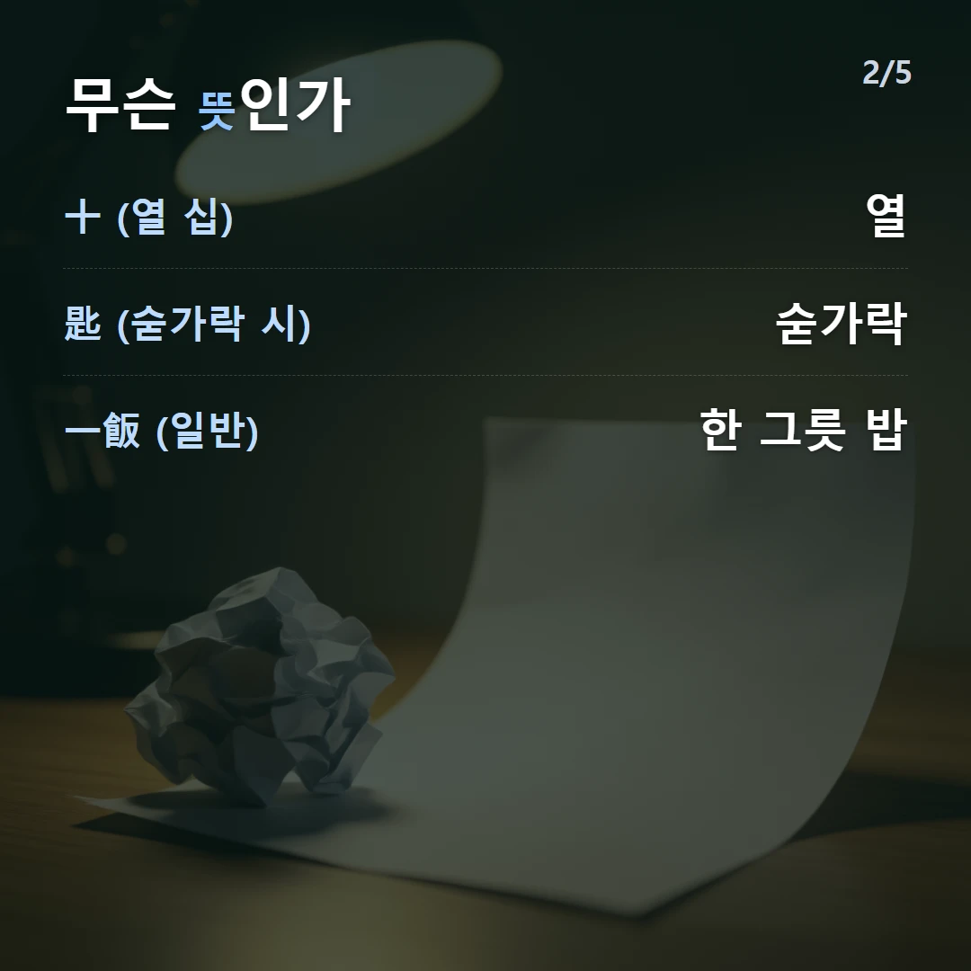 무슨 뜻인가 — 十 (열 십) 열, 匙 (숟가락 시) 숟가락, 一飯 (일반) 한 그릇 밥