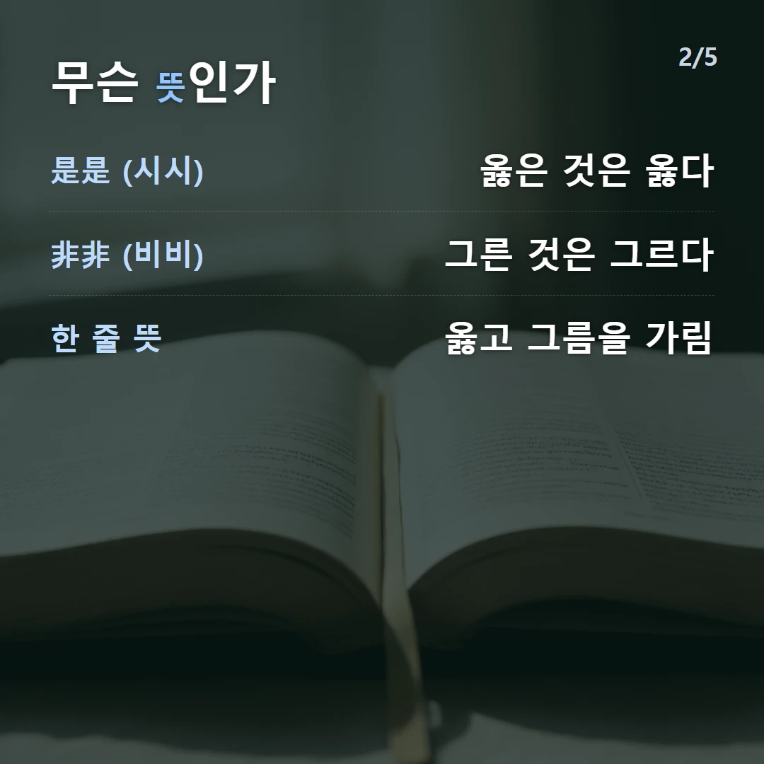 무슨 뜻인가 — 是是 (시시) 옳은 것은 옳다, 非非 (비비) 그른 것은 그르다, 한 줄 뜻 옳고 그름을 가림