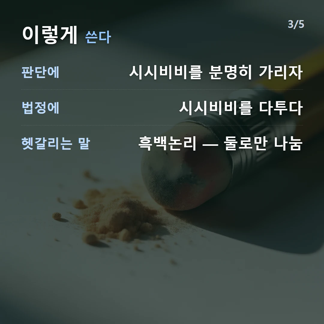 이렇게 쓴다 — 판단에 시시비비를 분명히 가리자, 법정에 시시비비를 다투다, 헷갈리는 말 흑백논리 — 둘로만 나눔