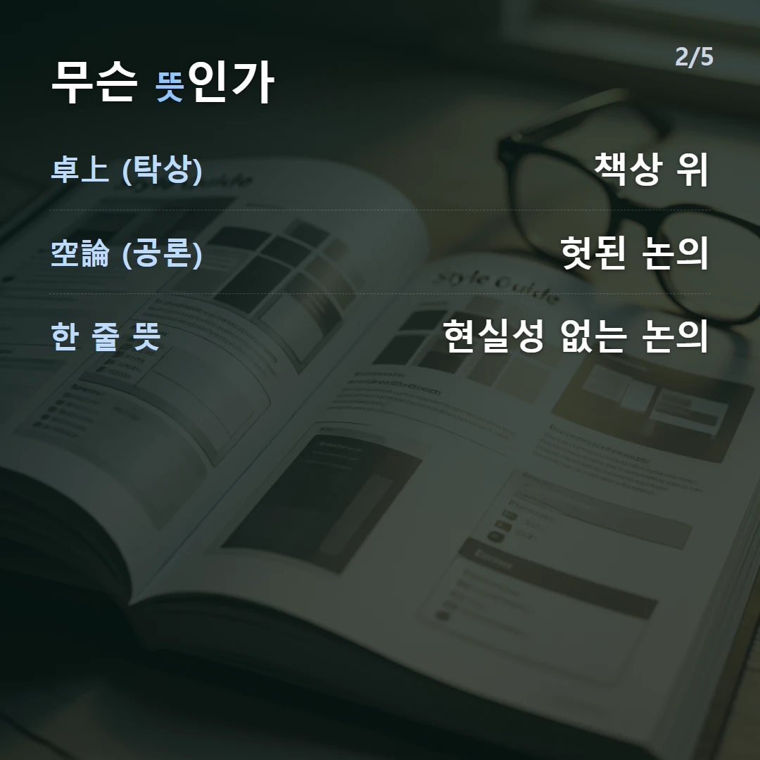 무슨 뜻인가 — 卓上 (탁상) 책상 위, 空論 (공론) 헛된 논의, 한 줄 뜻 현실성 없는 논의