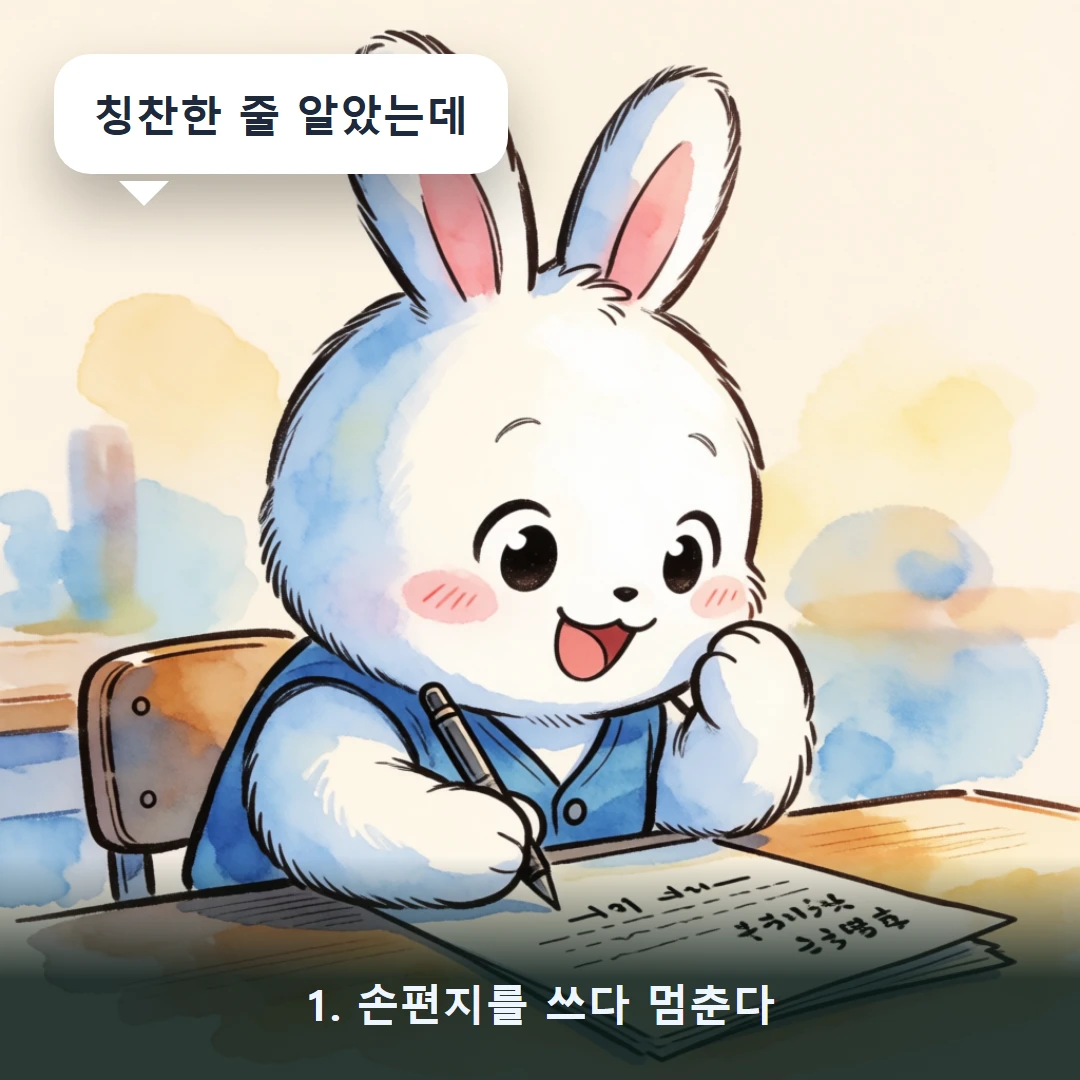 웹툰 1컷 — 1. 손편지를 쓰다 멈춘다 (칭찬한 줄 알았는데)