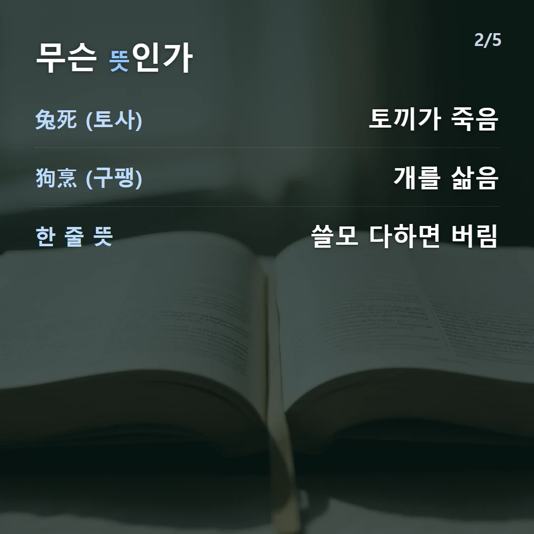 무슨 뜻인가 — 兔死 (토사) 토끼가 죽음, 狗烹 (구팽) 개를 삶음, 한 줄 뜻 쓸모 다하면 버림