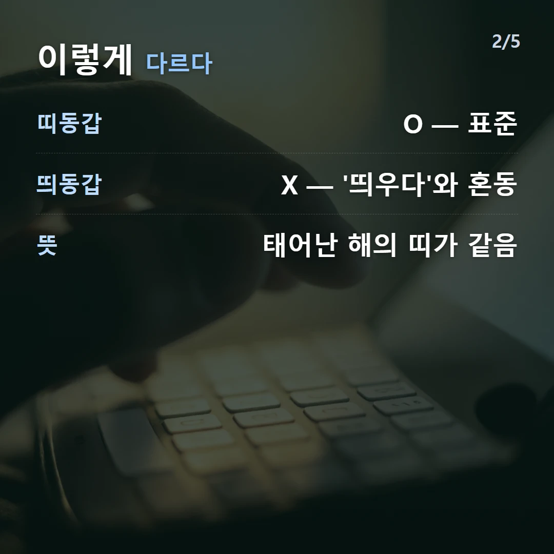 이렇게 다르다 — 띠동갑 O — 표준, 띄동갑 X — '띄우다'와 혼동, 뜻 태어난 해의 띠가 같음