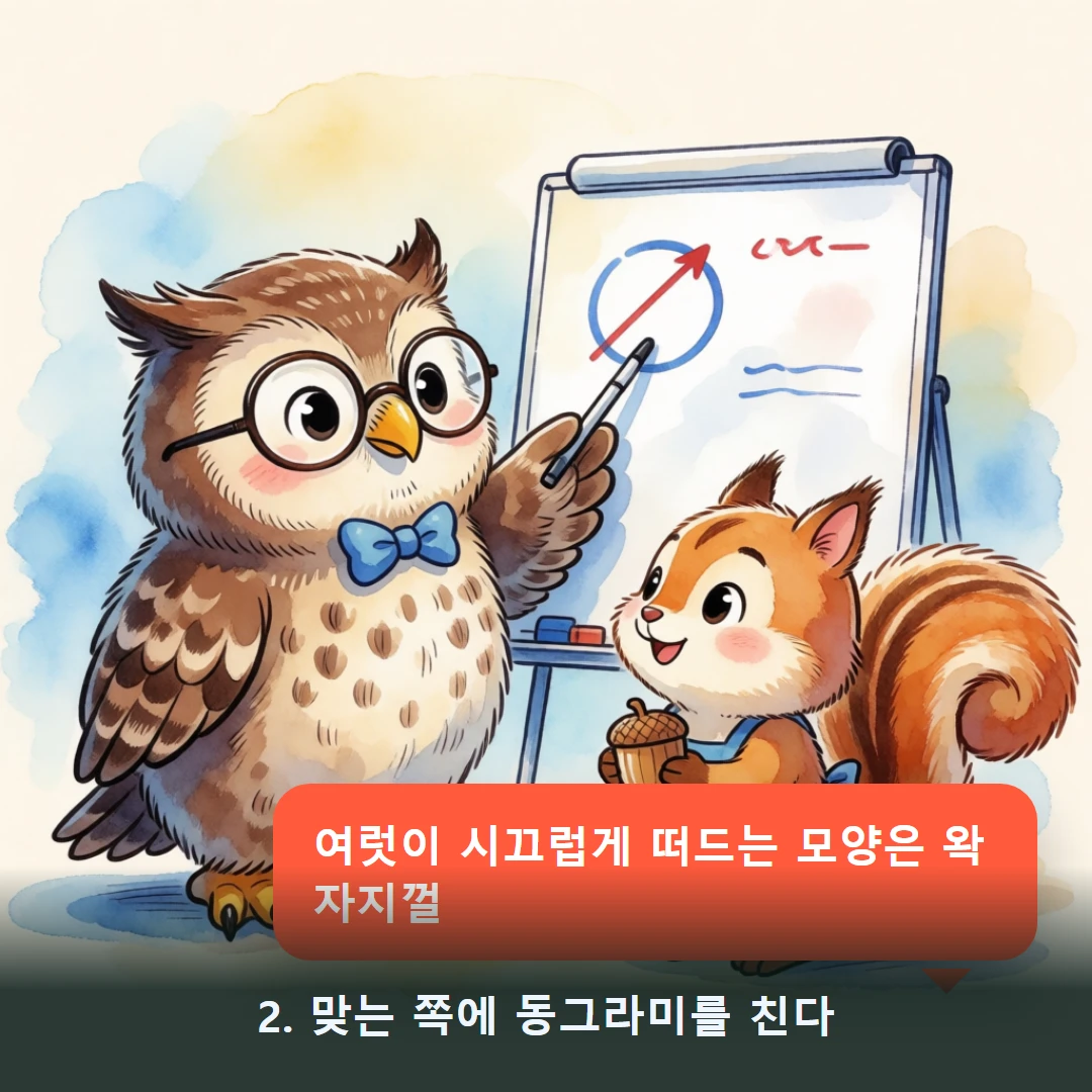 웹툰 2컷 — 2. 맞는 쪽에 동그라미를 친다 (여럿이 시끄럽게 떠드는 모양은 왁자지껄)