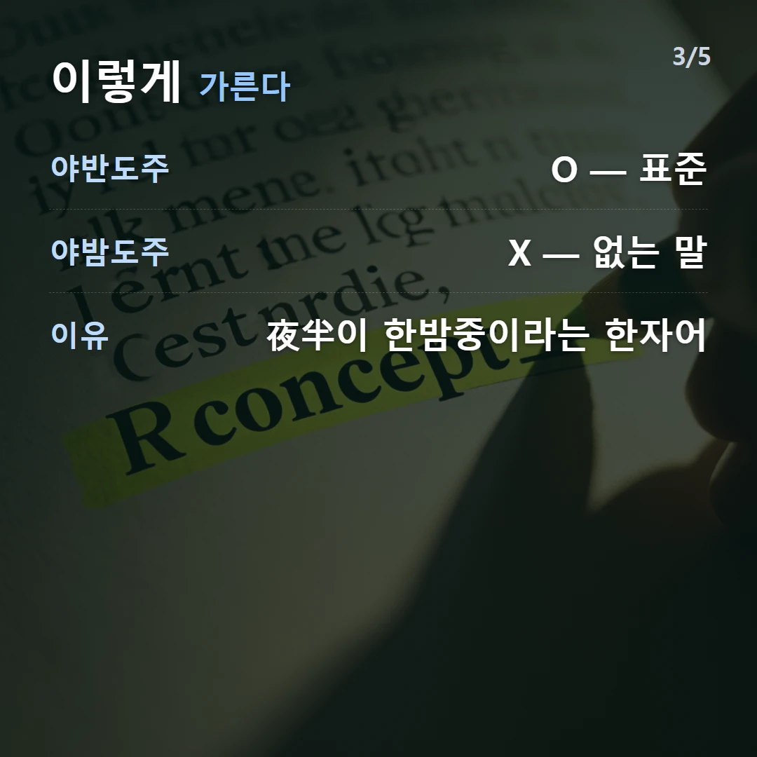 이렇게 가른다 — 야반도주 O — 표준, 야밤도주 X — 없는 말, 이유 夜半이 한밤중이라는 한자어