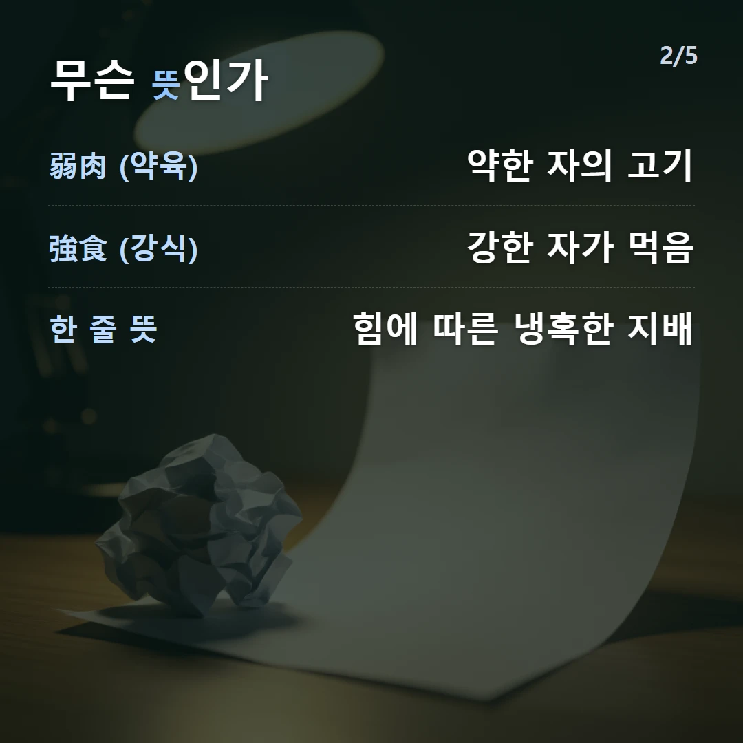 무슨 뜻인가 — 弱肉 (약육) 약한 자의 고기, 強食 (강식) 강한 자가 먹음, 한 줄 뜻 힘에 따른 냉혹한 지배