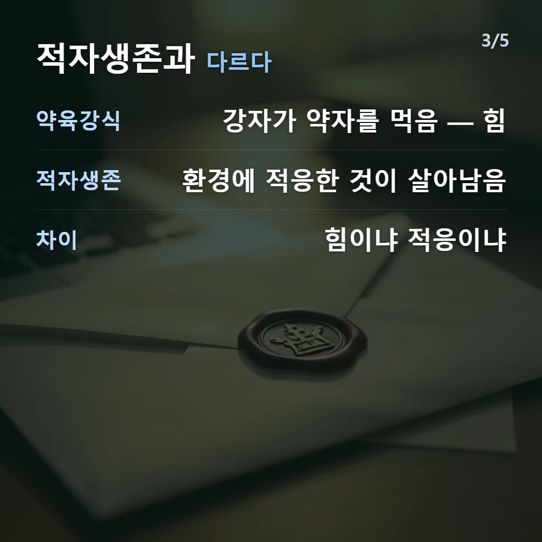 적자생존과 다르다 — 약육강식 강자가 약자를 먹음 — 힘, 적자생존 환경에 적응한 것이 살아남음, 차이 힘이냐 적응이냐