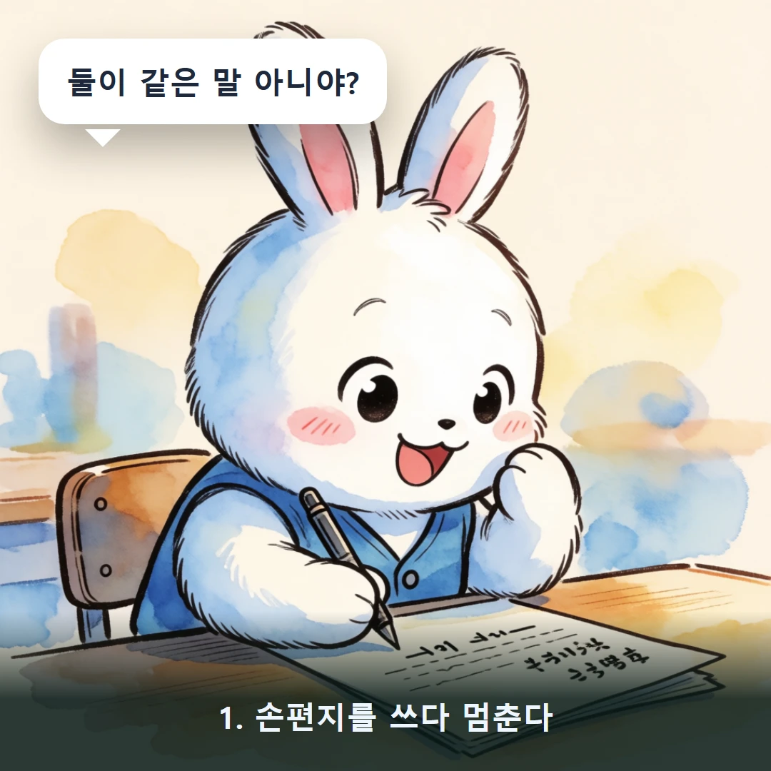 웹툰 1컷 — 1. 손편지를 쓰다 멈춘다 (둘이 같은 말 아니야?)