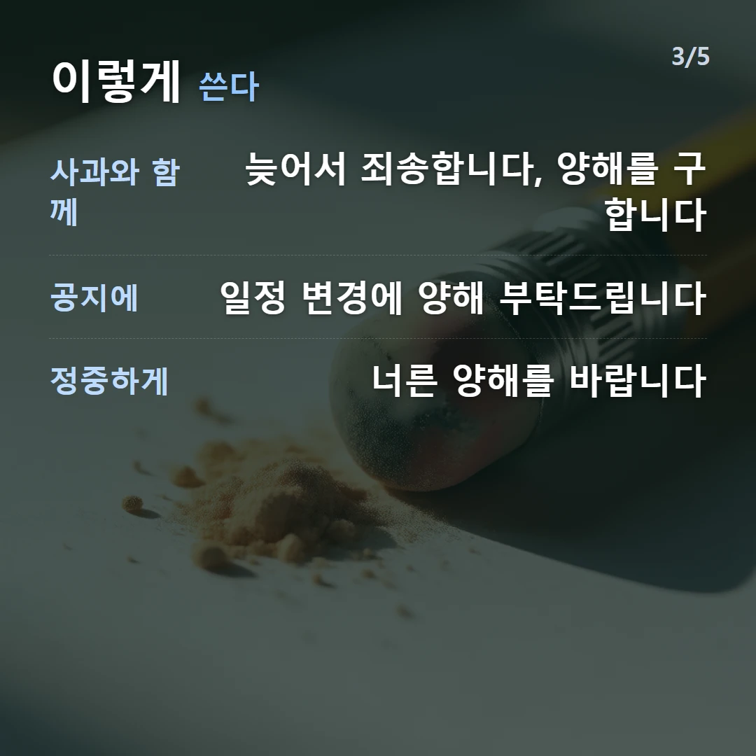 이렇게 쓴다 — 사과와 함께 늦어서 죄송합니다, 양해를 구합니다, 공지에 일정 변경에 양해 부탁드립니다, 정중하게 너른 양해를 바랍니다