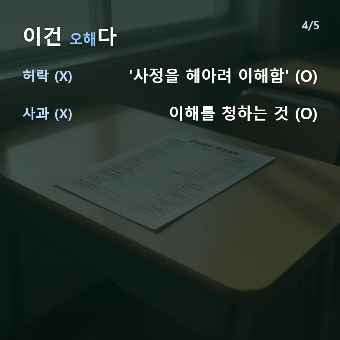 이건 오해다 — 허락 (X) '사정을 헤아려 이해함' (O), 사과 (X) 이해를 청하는 것 (O)