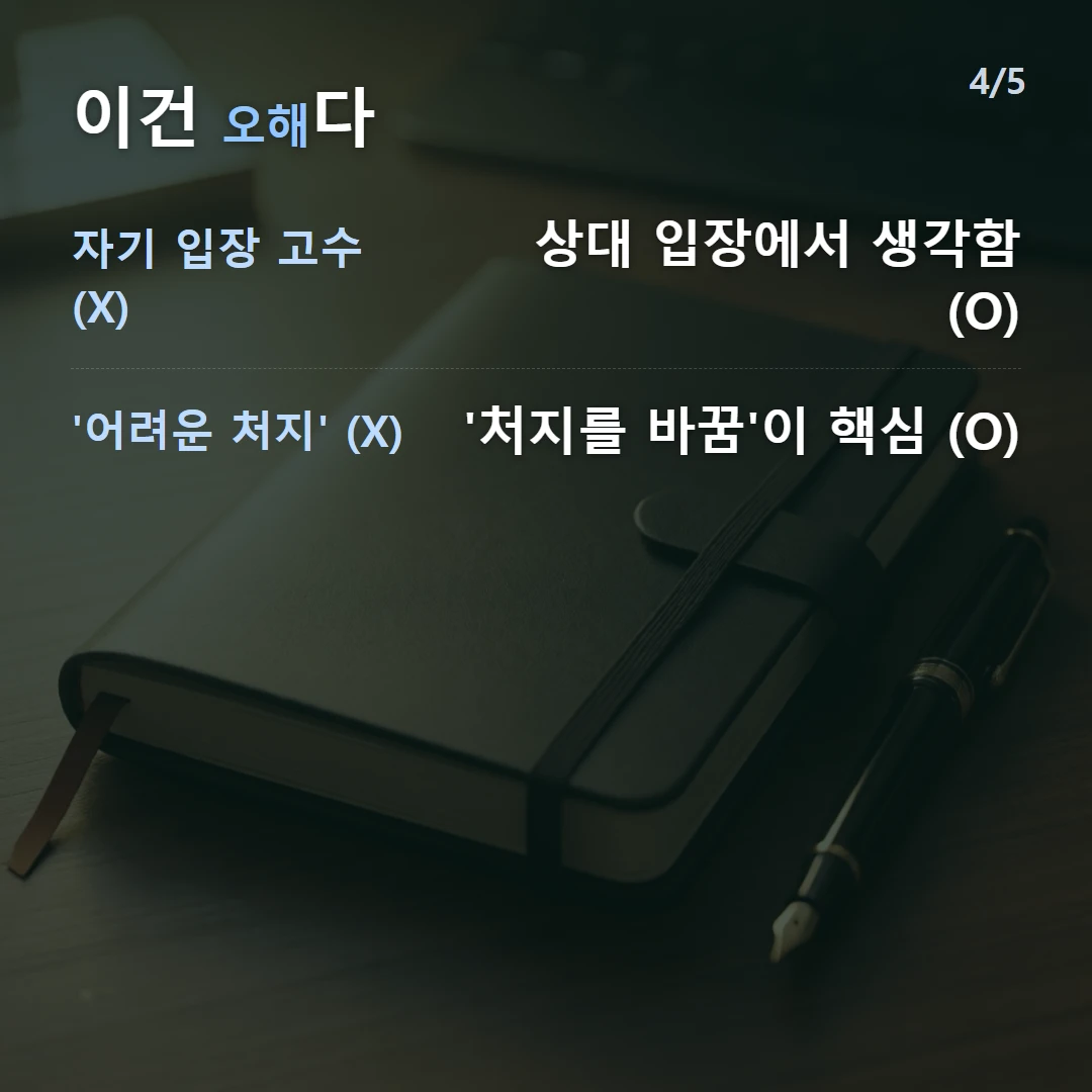 이건 오해다 — 자기 입장 고수 (X) 상대 입장에서 생각함 (O), '어려운 처지' (X) '처지를 바꿈'이 핵심 (O)