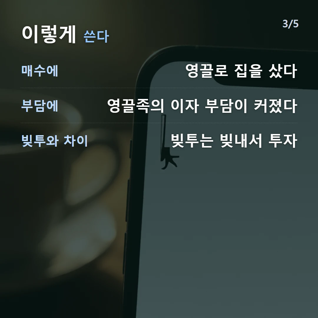 이렇게 쓴다 — 매수에 영끌로 집을 샀다, 부담에 영끌족의 이자 부담이 커졌다, 빚투와 차이 빚투는 빚내서 투자