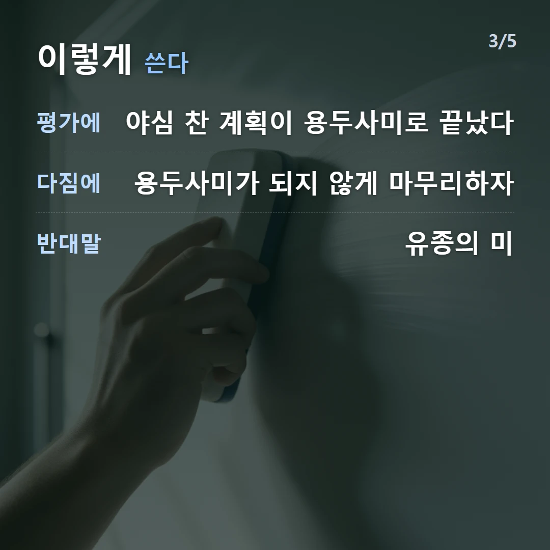 이렇게 쓴다 — 평가에 야심 찬 계획이 용두사미로 끝났다, 다짐에 용두사미가 되지 않게 마무리하자, 반대말 유종의 미