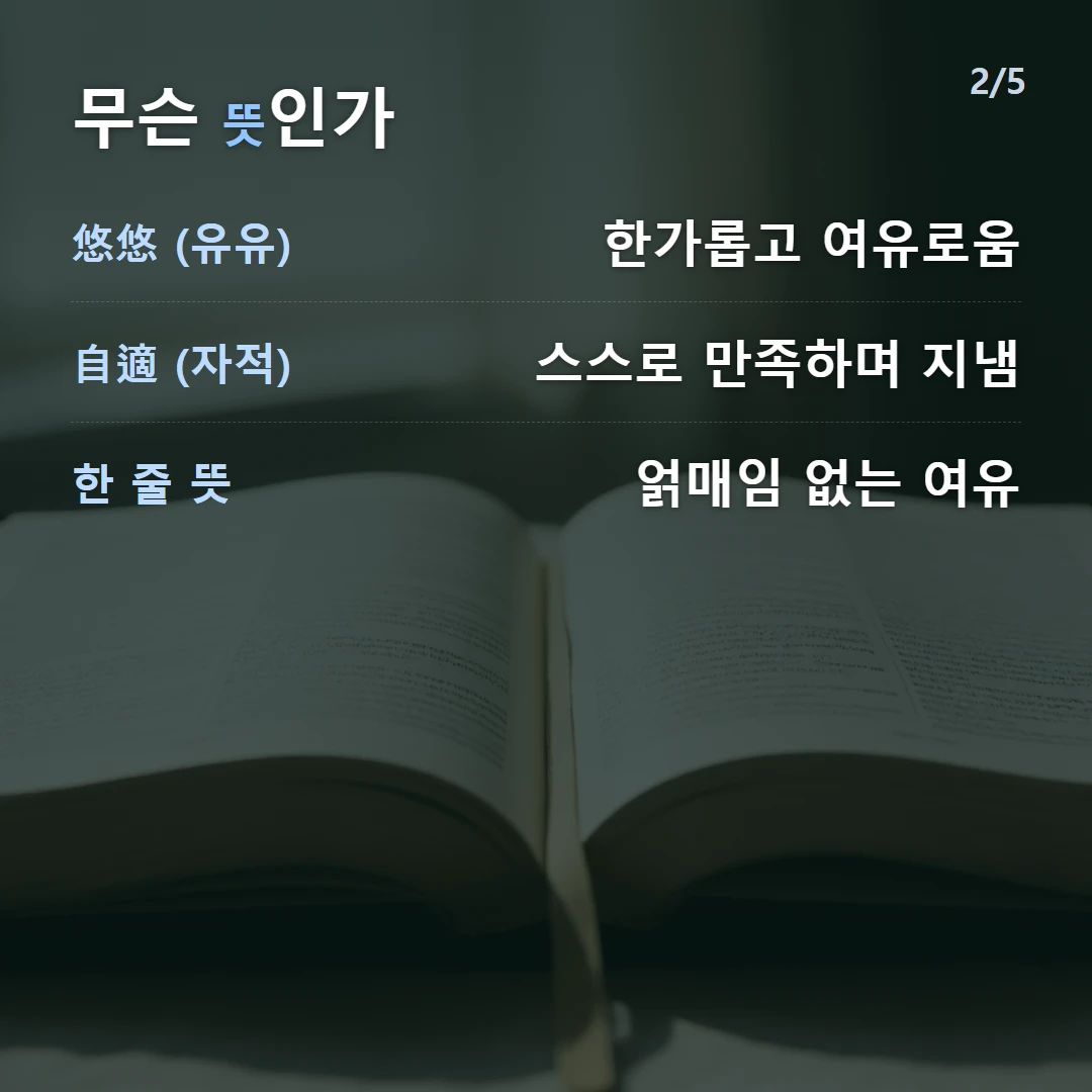 무슨 뜻인가 — 悠悠 (유유) 한가롭고 여유로움, 自適 (자적) 스스로 만족하며 지냄, 한 줄 뜻 얽매임 없는 여유