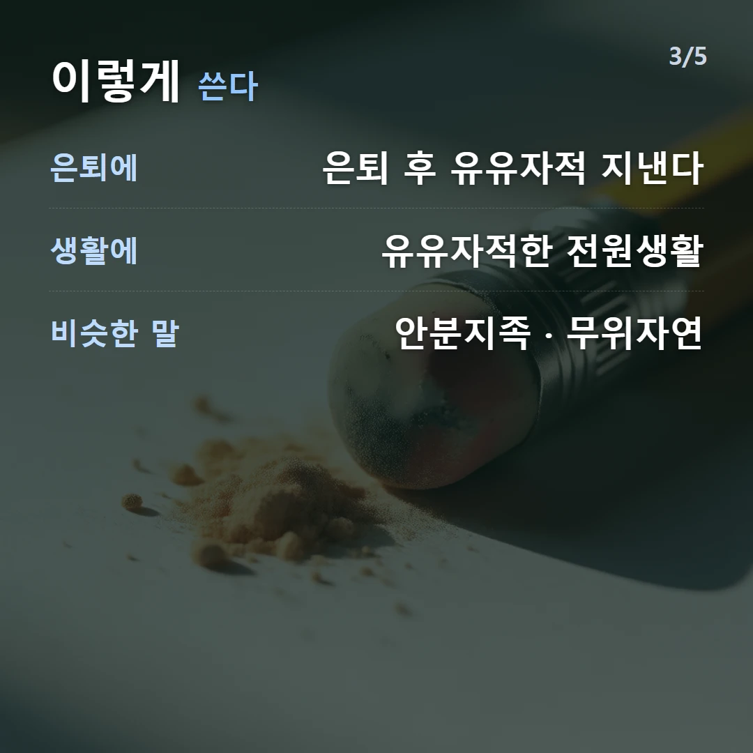 이렇게 쓴다 — 은퇴에 은퇴 후 유유자적 지낸다, 생활에 유유자적한 전원생활, 비슷한 말 안분지족 · 무위자연