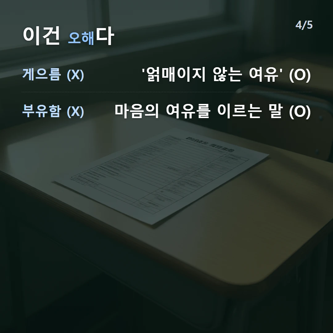 이건 오해다 — 게으름 (X) '얽매이지 않는 여유' (O), 부유함 (X) 마음의 여유를 이르는 말 (O)