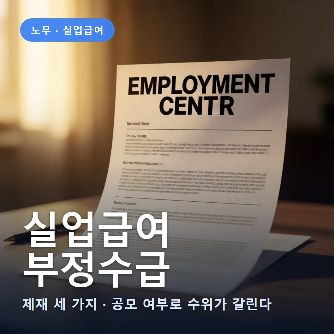 실업급여 요약 표지 — 제재 세 가지 · 공모 여부로 수위가 갈린다