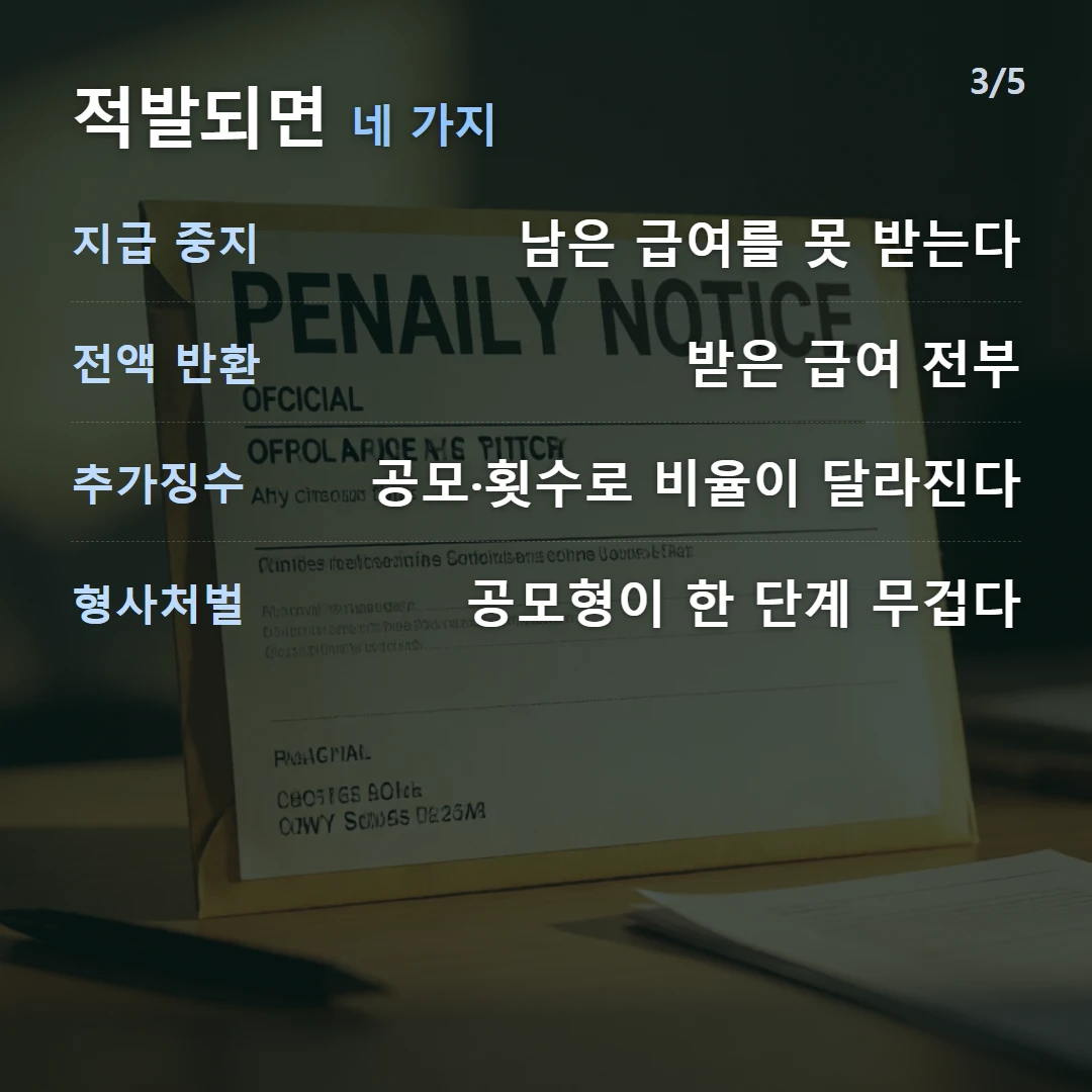 적발되면 네 가지 — 지급 중지 남은 급여를 못 받는다, 전액 반환 받은 급여 전부, 추가징수 공모·횟수로 비율이 달라진다, 형사처벌 공모형이 한 단계 무겁다