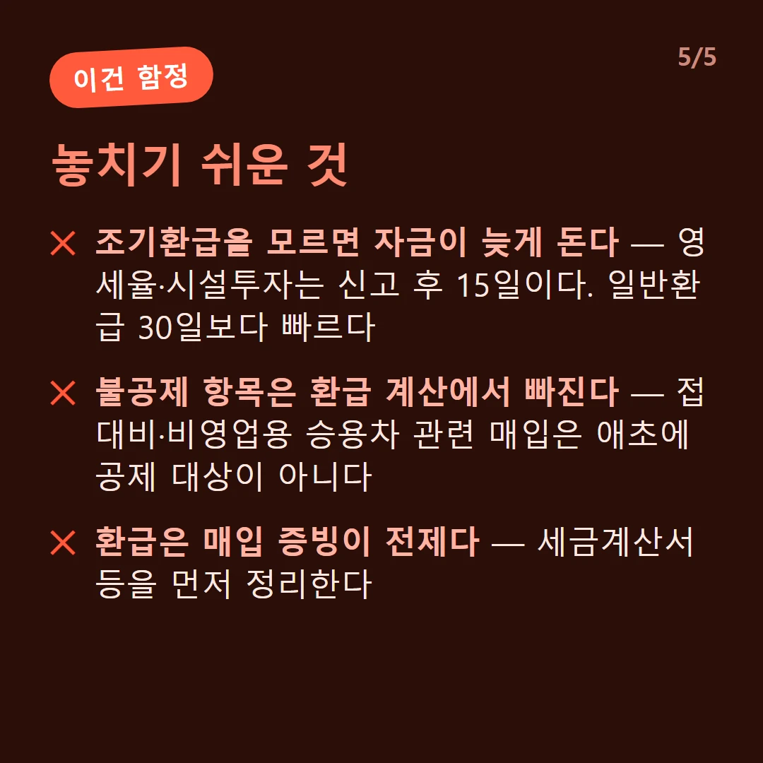 놓치기 쉬운 것 — 매입세액은 적격증빙이 필수다 / 부당·과다 환급은 가산세와 함께 추징된다 / 영세율은 수출실적명세서 등 첨부서류가 필요하다