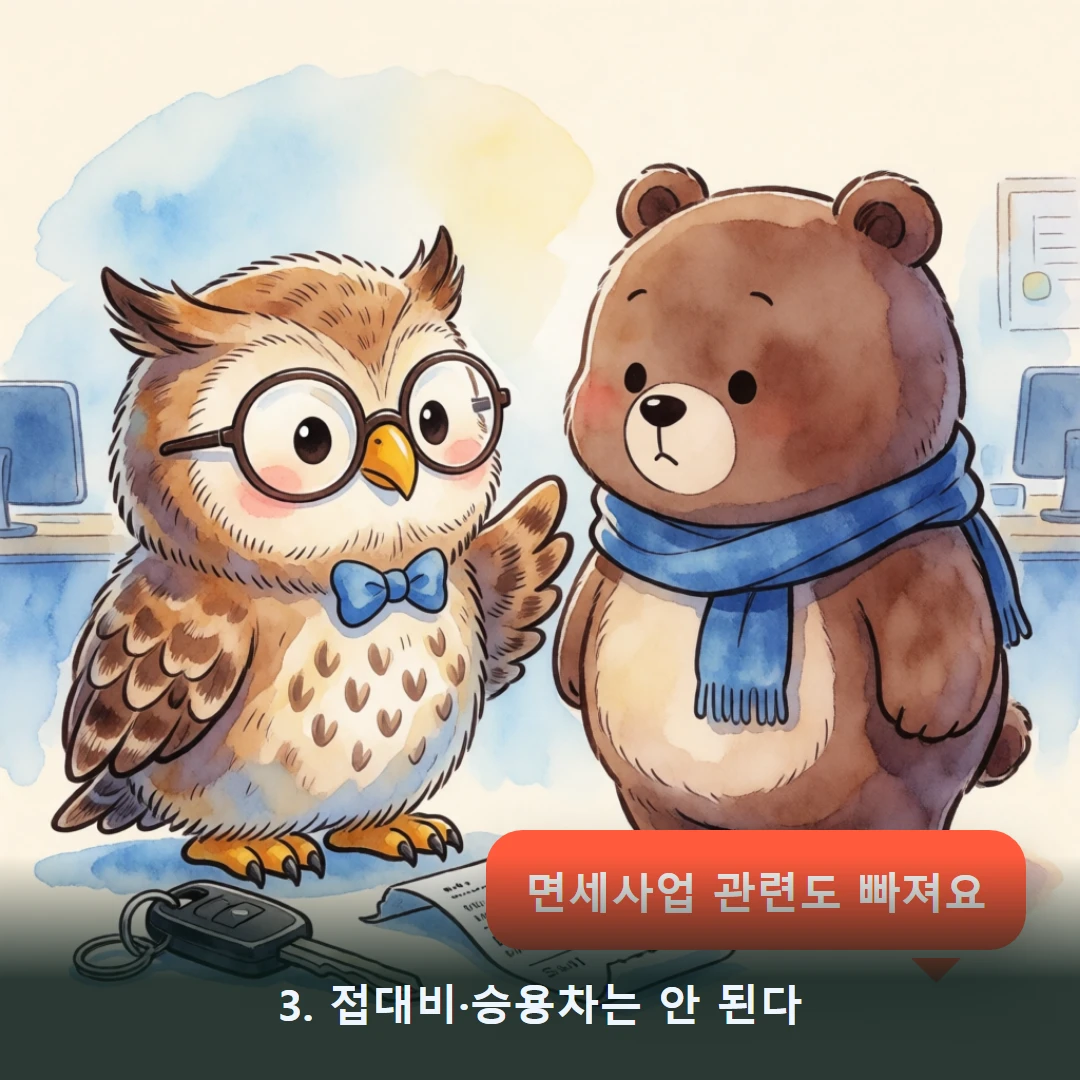 웹툰 3컷 — 3. 부엉이의 설명 (접대비·승용차는 안 돼!)