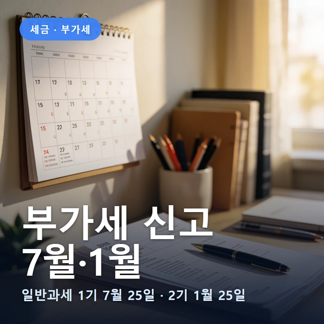 부가세 신고 기한 요약 표지 — 일반과세 1기 7월 25일 · 2기 1월 25일