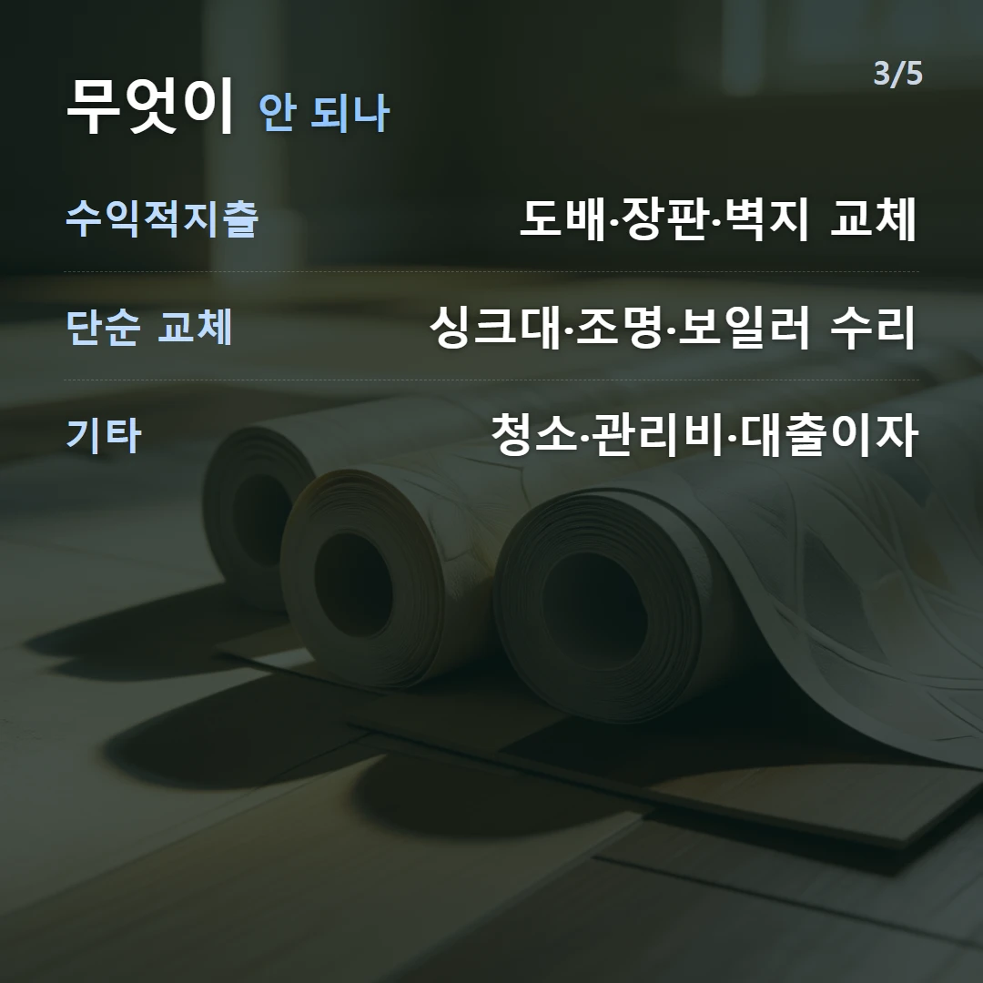 무엇이 안 되나 — 수익적지출 도배·장판·벽지 교체, 단순 교체 싱크대·조명·보일러 수리, 기타 청소·관리비·대출이자
