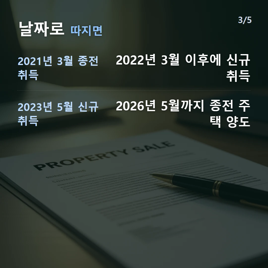 날짜로 따지면 — 2021년 3월 종전 취득 2022년 3월 이후에 신규 취득, 2023년 5월 신규 취득 2026년 5월까지 종전 주택 양도