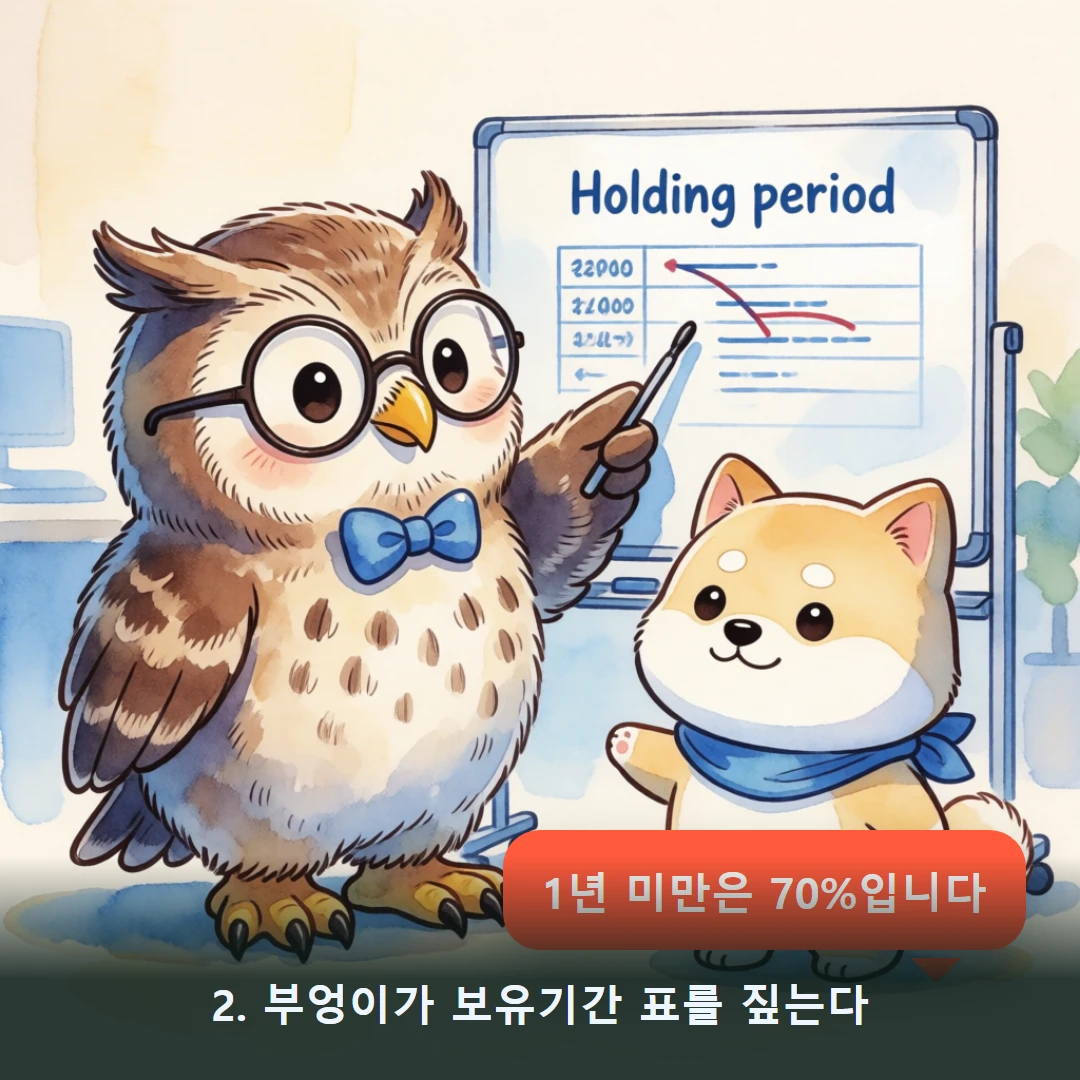 웹툰 2컷 — 2. 부엉이가 보유기간 표를 짚는다 (1년 미만은 70%입니다)